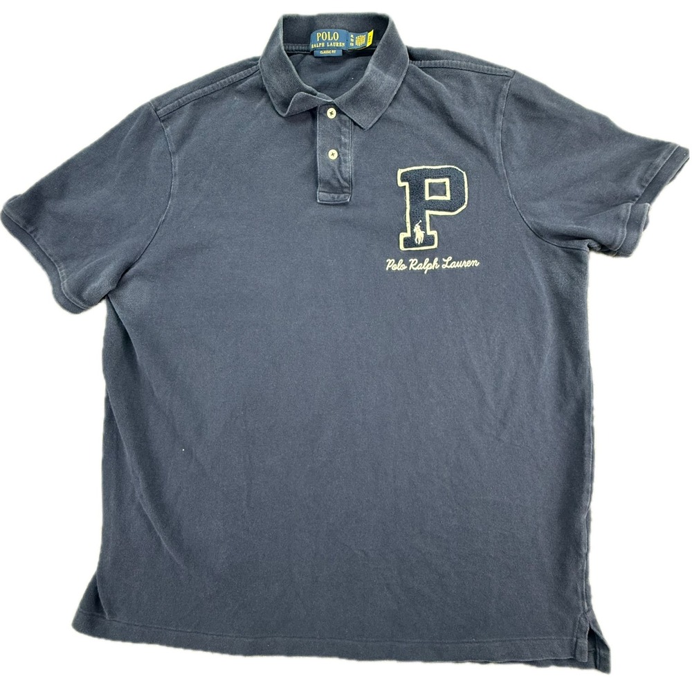 Polo Ralph Lauren Polo Shirt Mens XL Navy Blue Classic Fit Letterman Patch